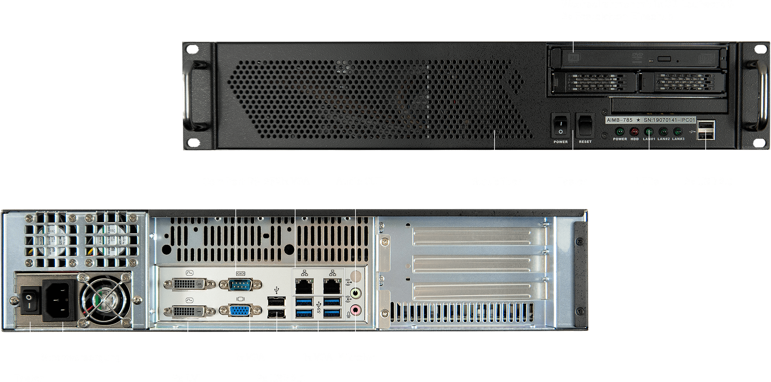 Industrie Rack-PC mit beschrifteten Anschlüssen