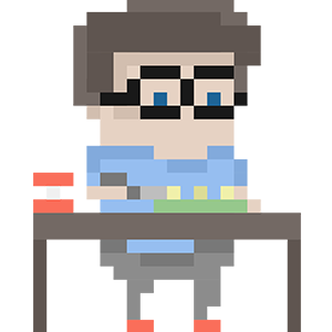 Pixel character am Arbeitstisch